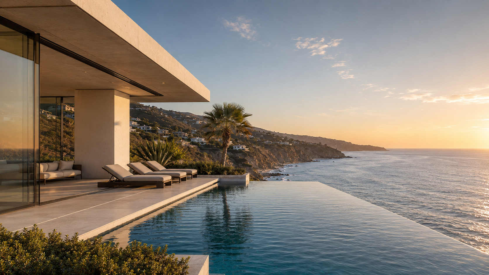 A modern clifftop villa above the Pacific at dusk in Malibu
