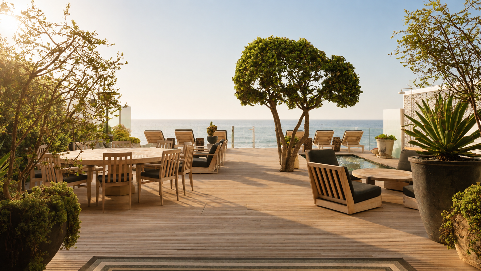 A luminous ocean-facing living room opening to the Pacific at golden hour